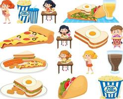 Set of different junk foods and kids vector