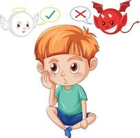 Cartoon character with devil and angel fighting in thought vector