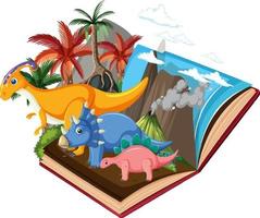 libro abierto con dinosaurio en el bosque prehistórico vector