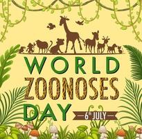 cartel de dibujos animados del día mundial de las zoonosis el 6 de julio vector