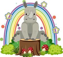 Cute rhinoceros on stump in flat cartoon style vector