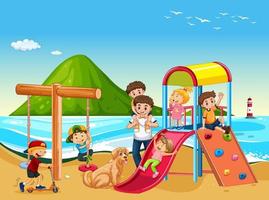 parque infantil en la playa con niños felices vector