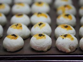 Dessert Moon cake, Chinese Puff Pastry, Bean cake with salted egg yolk, Thai cake mung bean and egg cake on top with Black Sesame Seeds place Stainless grating photo