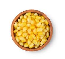 Heap of canned yellow sweet corn seeds isolated on white background. Top view photo