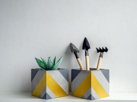 Modern geometric concrete planters. Beautiful painted concrete pots. photo