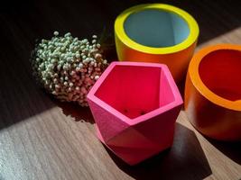 hermosos maceteros geométricos de hormigón con flores secas. macetas de hormigón pintadas de colores para la decoración del hogar foto