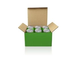 Box with cans isolated on white background photo