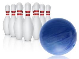 Bowling ball and skittles isolated on white background photo