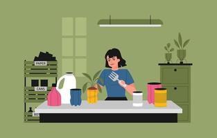 Girl Recycling Bottles at Home vector