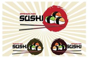 vector de logotipo de comida japonesa de sushi, con una variedad de carne de marisco, diseño de fondo adecuado para pegatinas, serigrafía, pancartas, desolladores, empresas