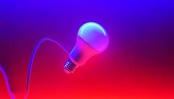 White light bulb on colored background in pastel colors. Minimalist concept, bright idea concept, isolated lamp photo