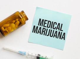 medical marijuana words on white background and pills photo