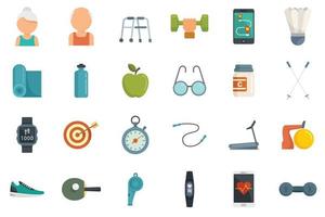 Workout seniors icons set flat vector isolated