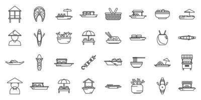 Floating market icons set outline vector. Asian basket vector