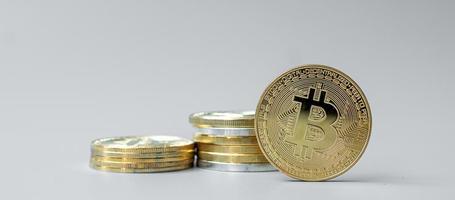 golden Bitcoin cryptocurrency coin stack, Crypto is Digital Money within the blockchain network, is exchanged using technology and online internet exchange. Financial concept photo