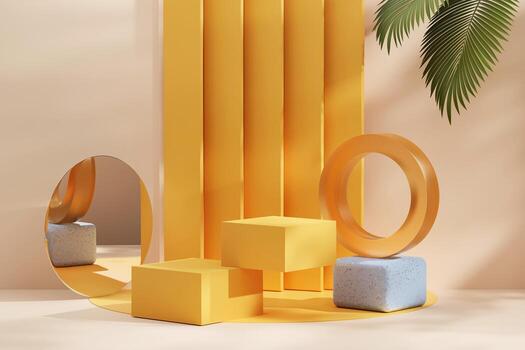 3D rendering platform podium with palm tree product presentation background photo