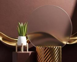 3D rendering gold platform podium with plant product presentation background photo