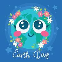 Isolated cute earth planet with smile and flowers Happy earth day Vector