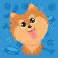 personaje de perro pomeranian lindo aislado en un vector de fondo de juguetes para mascotas