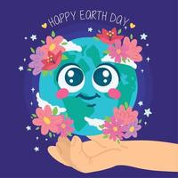 Hand holding a cute earth planet cartoon with flowers Happy earth day Vector
