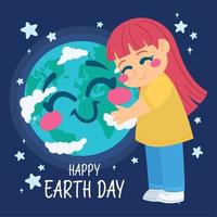 Happy girl hugging a cute earth planet cartoon Happy earth day Vector