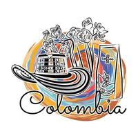 promoción de viajes de colombia de colores con flores de café y vector de sombrero