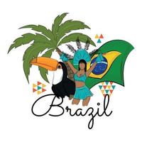 Colored brazil travel promotion with carnival dancer palm tree and toucan Vector