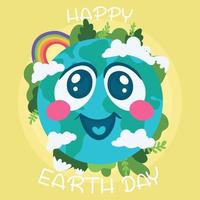 Happy earth planet be cartoon with rainbow and clouds Happy earth day Vector