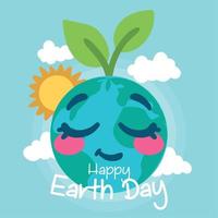 Cute earth planet cartoon with a sun Happy earth day Vector