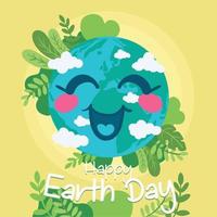 Cute earth planet cartoon with natural leaves Happy earth day Vector