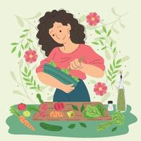Happy girl character making a salad Vegan lifestyle Vector