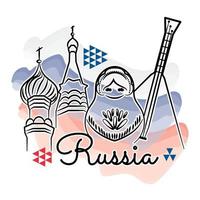 promoción de viaje de rusia de color con muñeca rusa y vector de punto de referencia cuadrado rojo