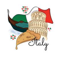 promoción de viajes de italia de colores con torre de pisa y vector de pizza