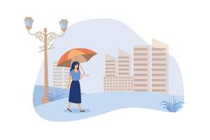 Woman walking in rainy weather in park. City buildings on background. vector