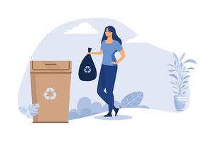 Positive woman throwing out reusable trash. Container, garbage, waste flat vector illustration.