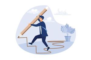 Business development successful, strategy to reach business target or career path achievement concept, smart businessman use huge pencil to draw rising up staircase and walk climbing up ladder. vector