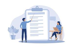 Teacher giving seminar to student in classroom. Mentor and intern, coach and trainee. Flat vector illustration. Education, training, learning concept for banner, website design or landing web page