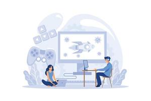 Professional gamer concept. Person play on the computer video game. E-sports team, pro gaming. Virtual championship. Vector illustration in cartoon style