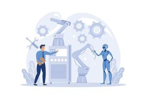 Robotics school course concept. Robotic engineering and constructing lesson for students. Idea of artificial intelligence and futuristic technology. Flat vector illustration