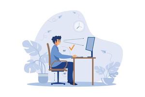 Instruction for correct pose during office work flat vector illustration. Cartoon worker sitting at desk with right posture for healthy back and looking at computer. flat design modern illustration