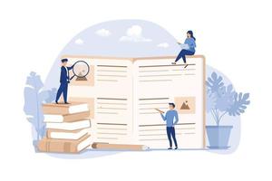 Students learning foreign language with vocabulary. Tiny people reading grammar book. Flat vector illustration for abc book, literature class, knowledge concept. flat design modern illustration