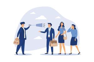 Effective communication, clear and concise message, leadership skill to communicate with team concept, confidence businessman manager talk with team through megaphone in clear discussion meeting. vector