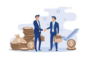 Two business partners handshaking flat vector illustration. Cartoon businessmen concluding agreement for success. Partnership, teamwork and negotiation concept