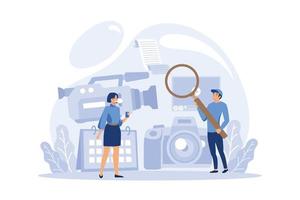 Journalist set. TV reporter with microphone. Mass media profession. Newspaper, internet and radio journalism. Vector illustration in cartoon style