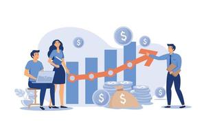 Startup managers presenting and analyzing sales growth chart. Group of workers with heap of cash, rocket, bar diagrams with arrow and heap of money. For business success, marketing, profit concepts vector