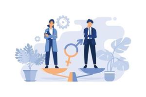 Gender equality concept. Equal business man and woman on balance scale. Male and female employees with equal career opportunities. Workforce without gender discrimination vector