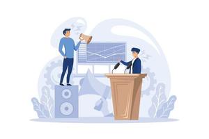Professional speaker concept. Rhetoric or elocution specialist speaking to a microphone. Business seminar speaker. Broadcasting or public address. Flat vector illustration