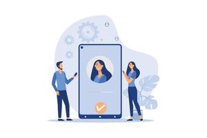 Face recognition and data safety. Mobile phone users getting access to data after biometrical checking. For verification, personal ID access, identification concept vector