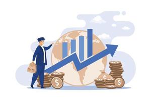 Gross domestic product concept. Growth arrow chart with globe, stacks of money, happy tiny professional. flat design modern illustration vector