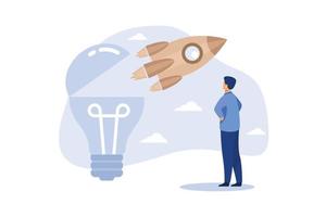 innovación para lanzar una nueva idea, emprendimiento o puesta en marcha, creatividad para comenzar un negocio o concepto de idea innovadora, lanzamiento de cohete innovador volando alto desde la apertura de una idea de bombilla brillante. vector